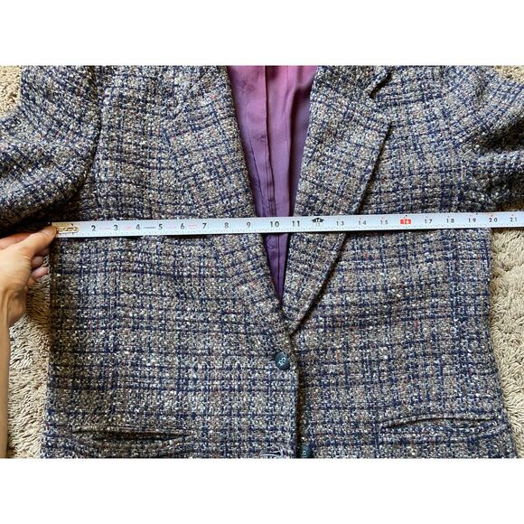 90s Liz Wear 12 Petite Wool Tweed Plaid Blazer Sport Coat Jacket Gray Navy Brown - Picture 12 of 14